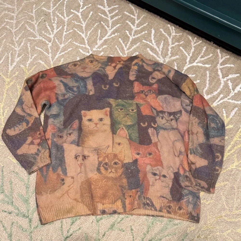 YESNO Art FUNKY CATS Sz L XL 1X Lagenlook SUPER SOFT Furry Sweater Wool